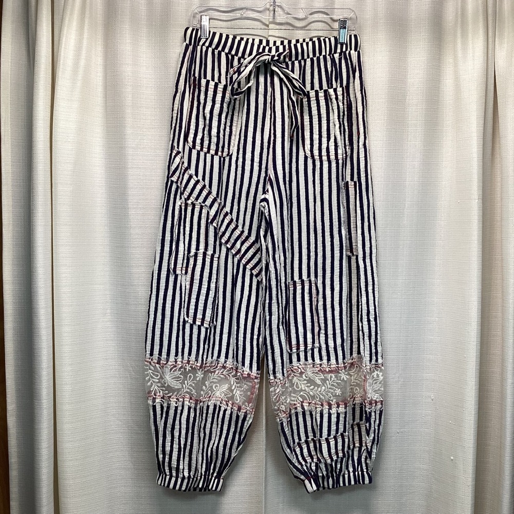 POL Striped Gauze Lace Inset Jogger Pants Navy White Stripes S Festival Boho